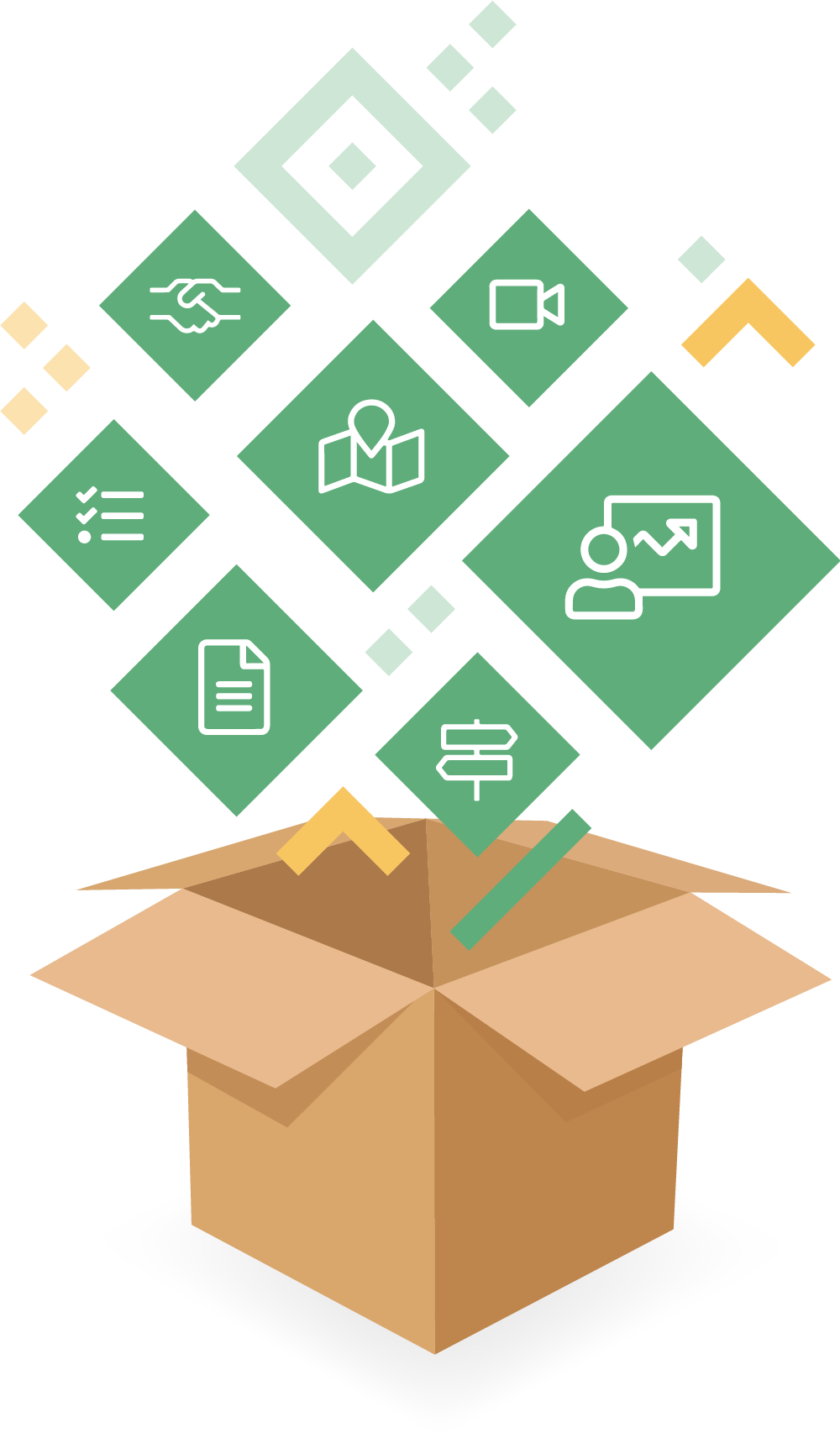 cardboard box with icons representing wigwam services